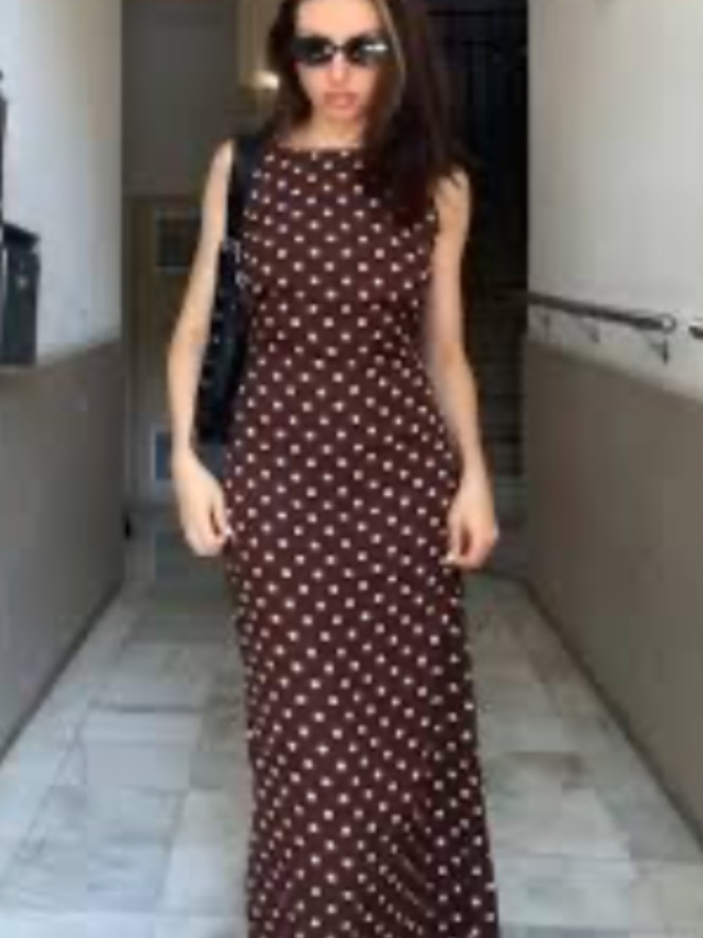 Sleeveless Polka Dot Midi Dress in Brown and White